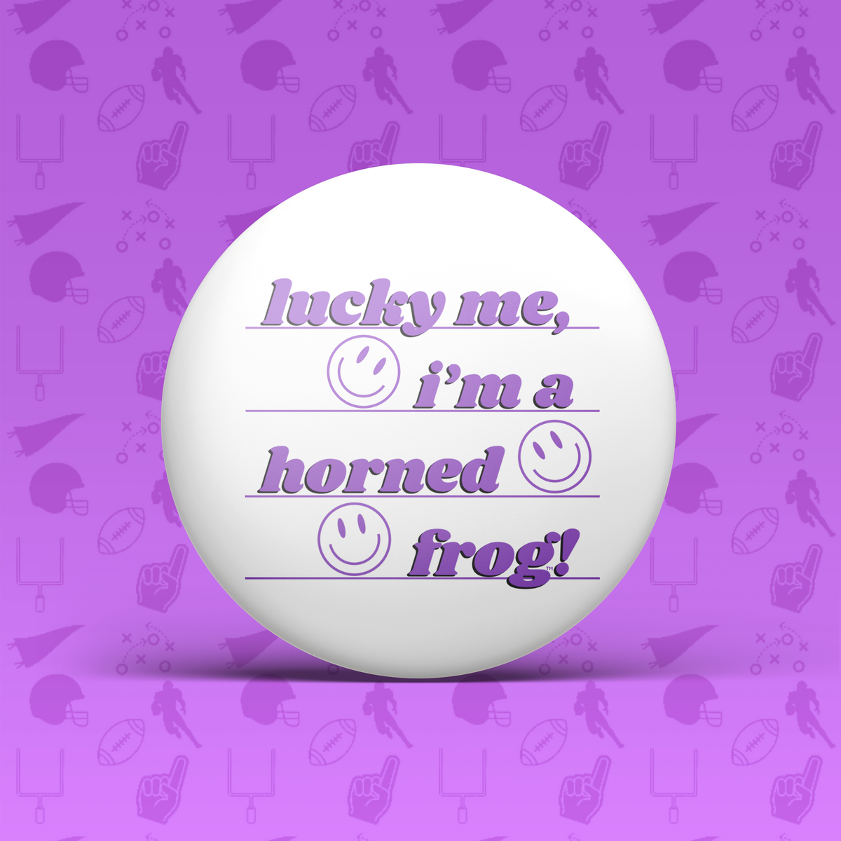 a white ball with purple text