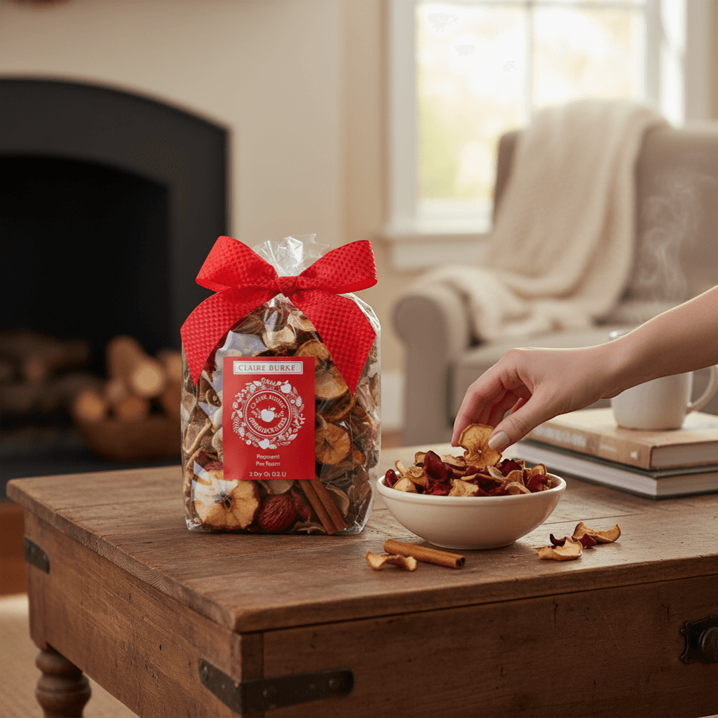 The Merry Hare Claire Burke Apple Jack & Peel Potpourri with dried apples, cinnamon sticks, and orange slices, tied with a red bow.