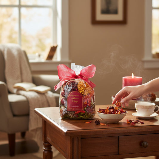 The Merry Hare Aromatique Autumn Cherry decorative fragrance potpourri with red berries, pinecones, and a yellow flower, tied with a red bow.