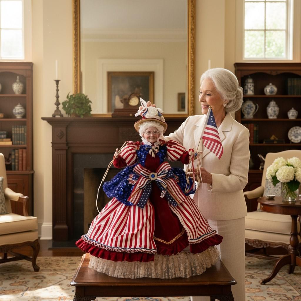 The Merry Hare Betsy Ross 23.5" collectible figurine in patriotic red, white, and blue attire, held by a woman.