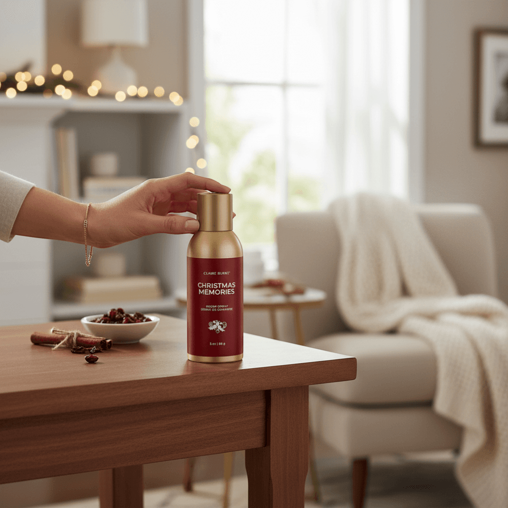 The Merry Hare Claire Burke Christmas Memories room spray in a red and gold canister with a spiced cinnamon scent.