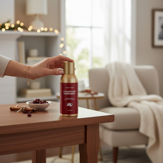 The Merry Hare Claire Burke Christmas Memories room spray in a red and gold canister with a spiced cinnamon scent.
