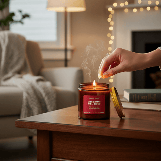 The Merry Hare Claire Burke Christmas Memories scented candle in amber glass with a red label and yellow lid. Coconut and soy wax blend.