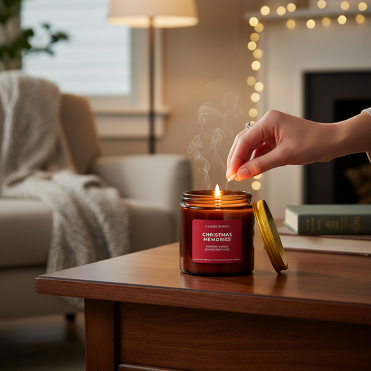 The Merry Hare Claire Burke Christmas Memories scented candle in amber glass with a red label and yellow lid. Coconut and soy wax blend.