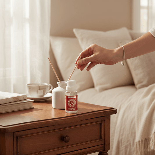 The Merry Hare Claire Burke Christmas Memories Home Fragrance Oil, 0.5 oz bottle with red label.