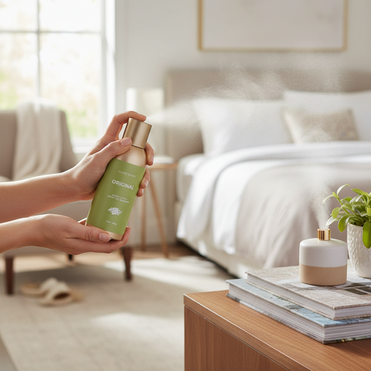 The Merry Hare Claire Burke Original Room Spray in a gold and green 3 oz canister with a rose and leaf emblem.