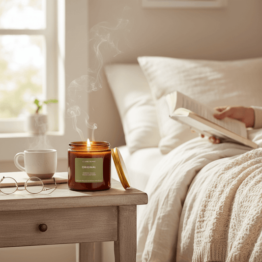The Merry Hare Claire Burke Original scented candle in amber glass with coconut and soy wax blend, 65-hour burn time.