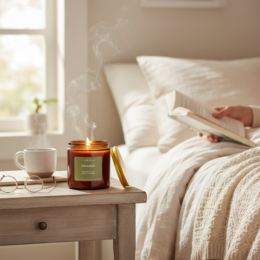 The Merry Hare Claire Burke Original scented candle in amber glass with coconut and soy wax blend, 65-hour burn time.