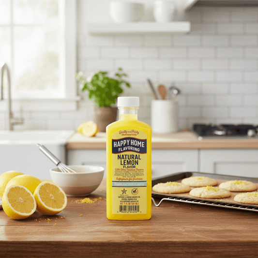 The Merry Hare Happy Home Natural Lemon Flavoring 7 oz bottle. Alcohol-free, gluten-free, with pure lemon oil for baking.