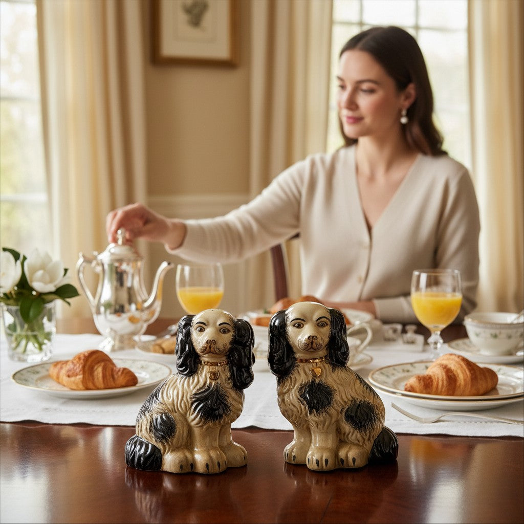 The Merry Hare pair of black and gold Staffordshire dog figurines, 12" tall, with gold lockets.