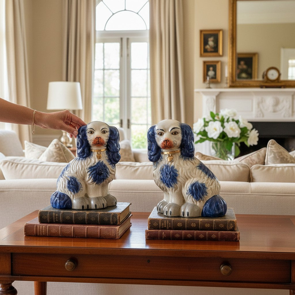 The Merry Hare pair of large blue and white Staffordshire dog figurines with gold lockets, sitting on books.