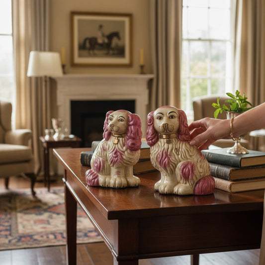 The Merry Hare pair of pink and cream Staffordshire dog figurines with gold locket detailing.