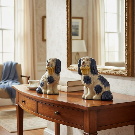 The Merry Hare pair of Staffordshire dogs figurines in blue and white with flower baskets. Ceramic, 7"H.