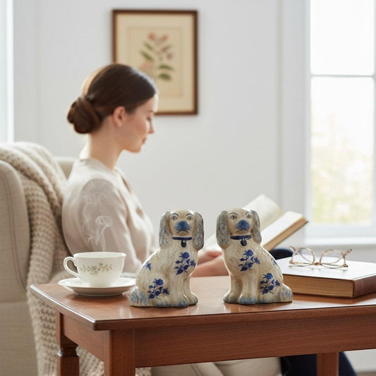 The Merry Hare pair of small blue and white floral Staffordshire dogs figurines, Chinoiserie style.