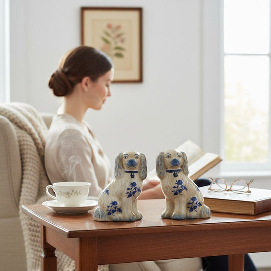 The Merry Hare pair of small blue and white floral Staffordshire dogs figurines, Chinoiserie style.