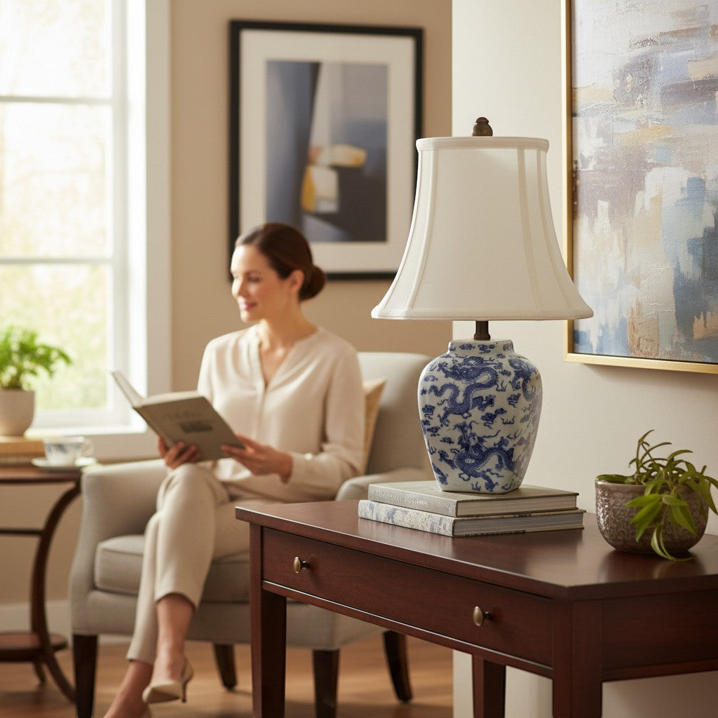 The Merry Hare Blue & White Chinoiserie Dragon porcelain lamp with a white bell shade. Features intricate dragon motif.
