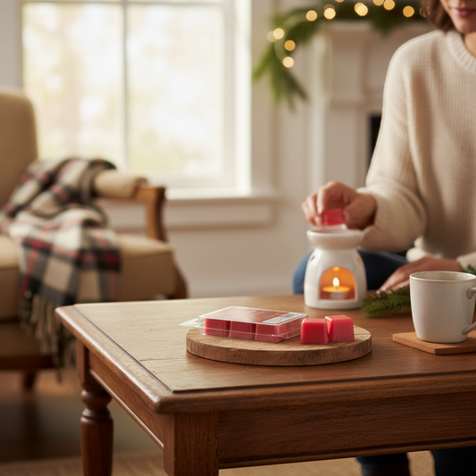 The Merry Hare Christmas Memories wax melts in red, featuring a soy wax blend with a spiced cinnamon scent.