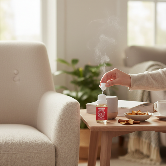 The Merry Hare Claire Burke Applejack & Peel home fragrance oil, 0.5 oz bottle with white cap and red label featuring apples and cinnamon.