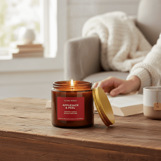 The Merry Hare Claire Burke Applejack & Peel scented candle in amber glass with gold lid. Coconut soy wax blend, 65-hour burn time.