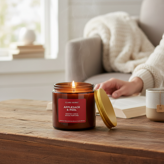 The Merry Hare Claire Burke Applejack & Peel scented candle in amber glass with gold lid. Coconut soy wax blend, 65-hour burn time.