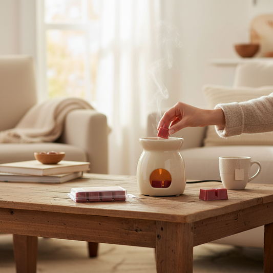 The Merry Hare Claire Burke Applejack & Peel wax melts pack. Red soy wax cubes with a fall fragrance.