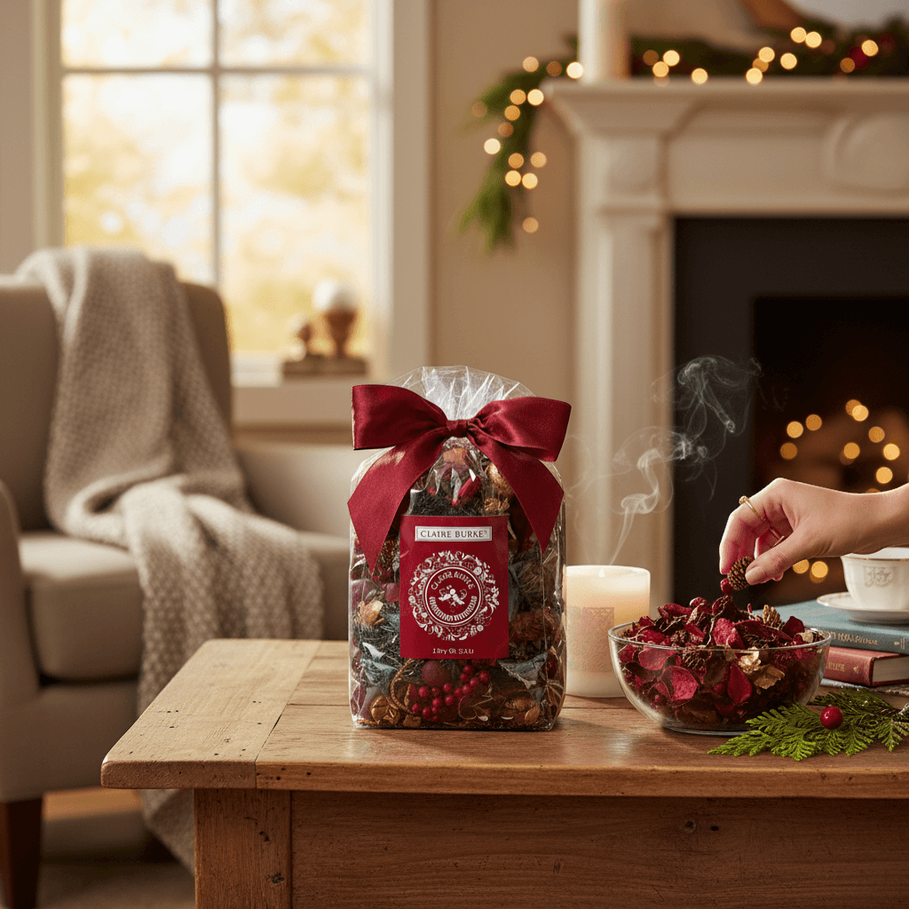 The Merry Hare Claire Burke Christmas Memories potpourri bag with cinnamon, cloves, brown sugar, and botanical accents. Tied with a burgundy ribbon.