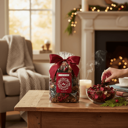 The Merry Hare Claire Burke Christmas Memories potpourri bag with cinnamon, cloves, brown sugar, and botanical accents. Tied with a burgundy ribbon.