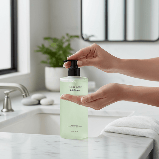 The Merry Hare Claire Burke Original Hand Soap, 16 oz, light green matte bottle with black pump. Spicy floral scent.