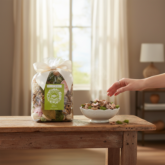 The Merry Hare's Claire Burke Original Potpourri with dried pink roses, purple larkspur, and creamy blossoms, tied with a cream ribbon.