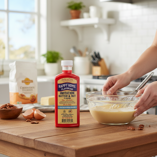 The Merry Hare Happy Home Imitation Butter & Nut Flavoring, 7 oz bottle. Alcohol-free, gluten-free baking extract.