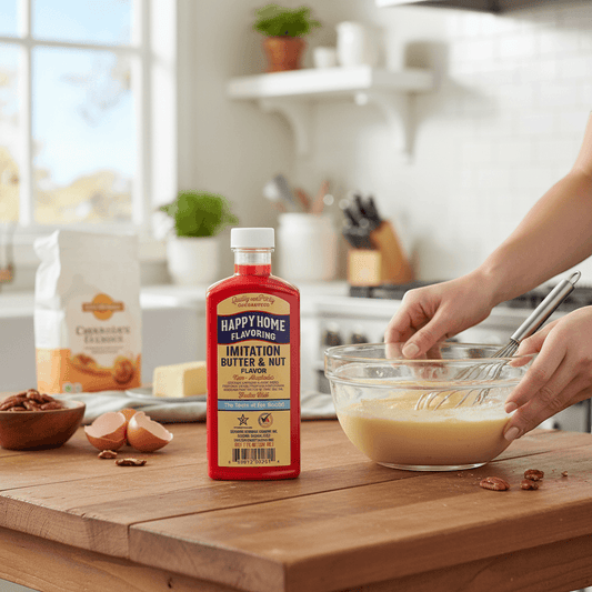 The Merry Hare Happy Home Imitation Butter & Nut Flavoring, 7 oz bottle. Alcohol-free, gluten-free baking extract.
