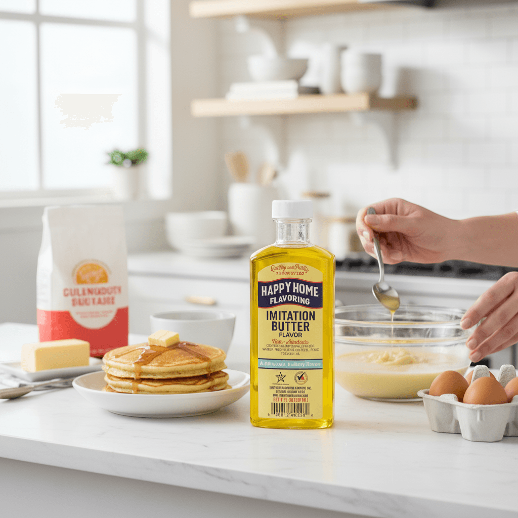 The Merry Hare Happy Home Imitation Butter Flavoring, 7 oz bottle. Non-alcoholic, gluten-free liquid flavoring.