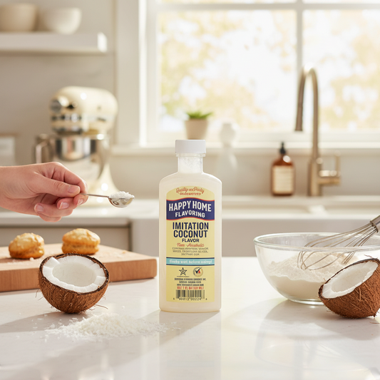 The Merry Hare Happy Home Imitation Coconut Flavoring, non-alcoholic, 7 oz bottle. Gluten-free baking ingredient.