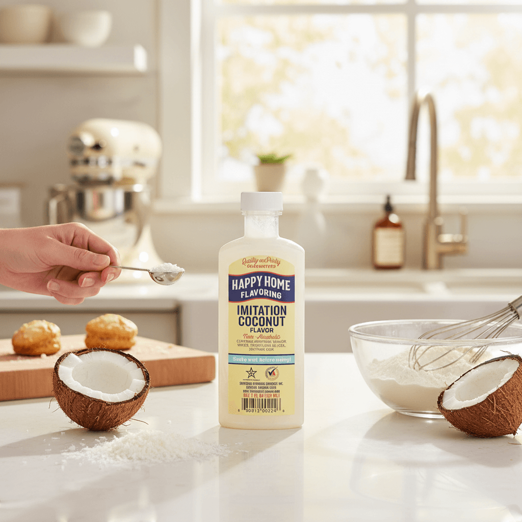 The Merry Hare Happy Home Imitation Coconut Flavoring, non-alcoholic, 7 oz bottle. Gluten-free baking ingredient.