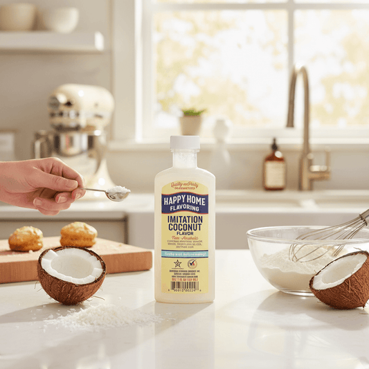 The Merry Hare Happy Home Imitation Coconut Flavoring, non-alcoholic, 7 oz bottle. Gluten-free baking ingredient.