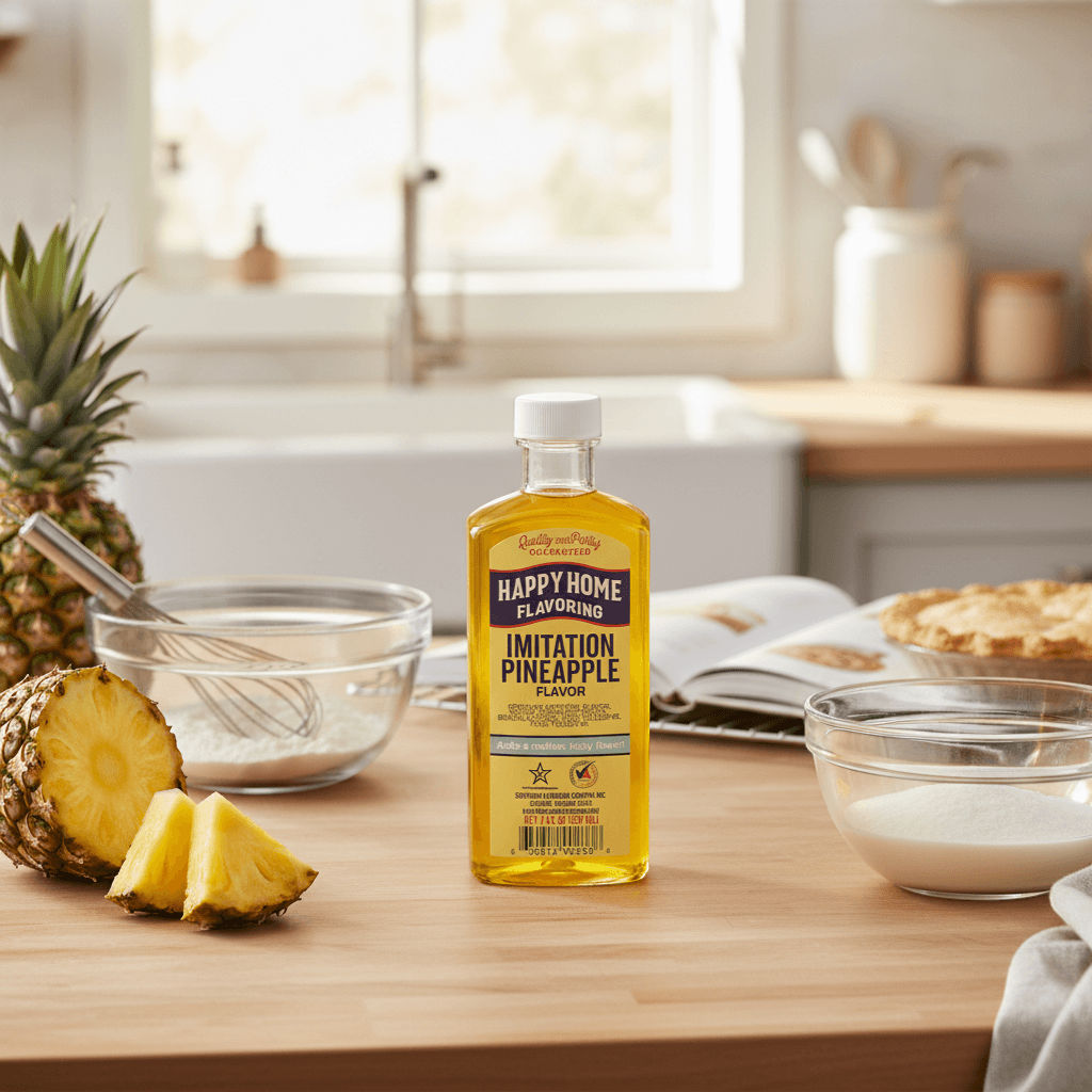 The Merry Hare Happy Home Imitation Pineapple Flavoring, 7 oz bottle. Gluten-free liquid flavoring for baking and glazes.