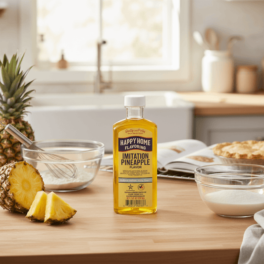 The Merry Hare Happy Home Imitation Pineapple Flavoring, 7 oz bottle. Gluten-free liquid flavoring for baking and glazes.