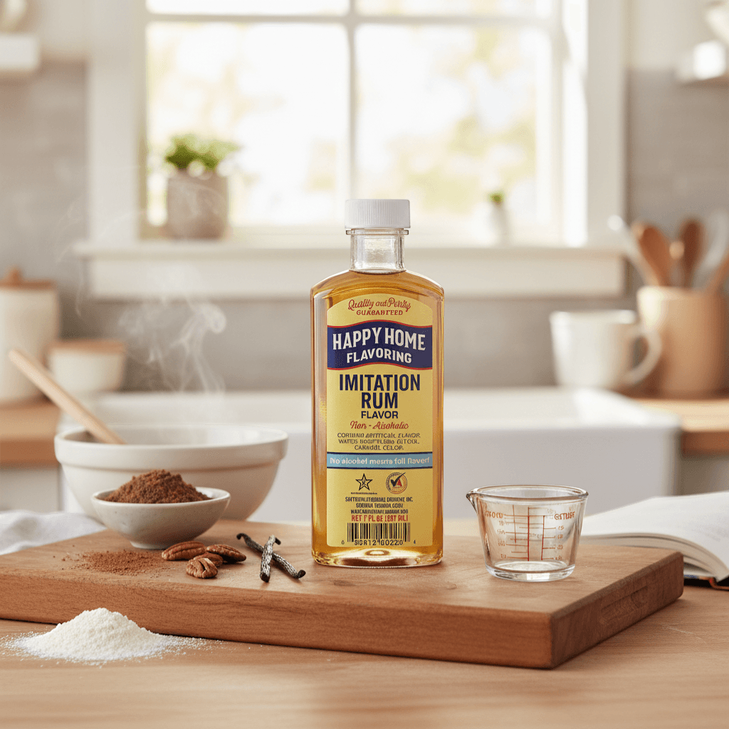 The Merry Hare Happy Home Imitation Rum Flavoring, 7 oz bottle. Non-alcoholic, gluten-free liquid flavoring with a caramel color.