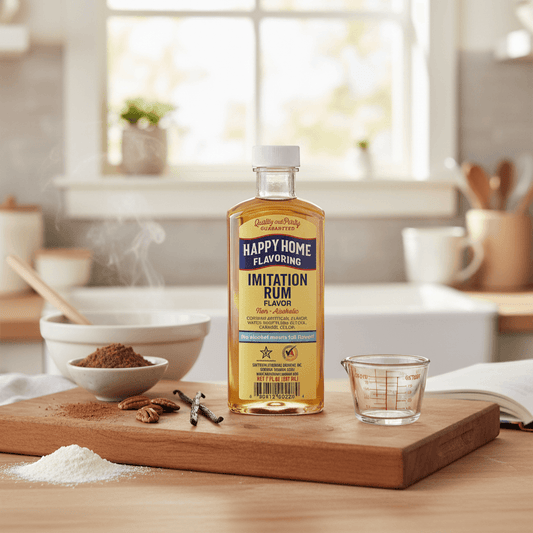 The Merry Hare Happy Home Imitation Rum Flavoring, 7 oz bottle. Non-alcoholic, gluten-free liquid flavoring with a caramel color.
