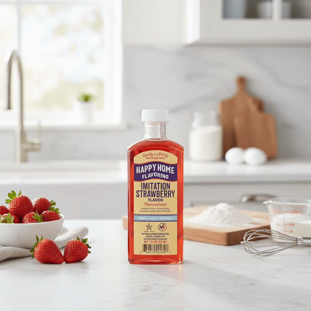 The Merry Hare Happy Home Imitation Strawberry Flavoring, 7 oz bottle. Non-alcoholic liquid with a bright red-orange hue.
