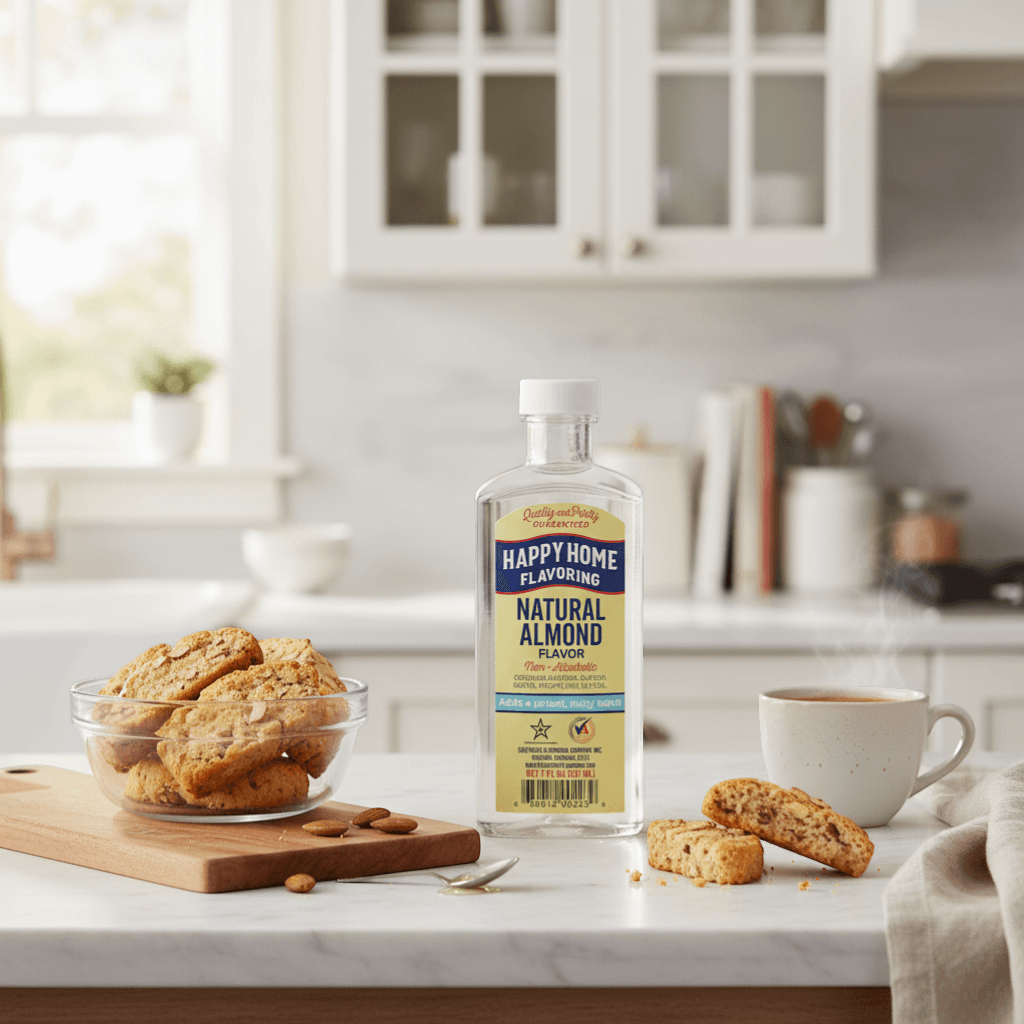 The Merry Hare Happy Home Natural Almond Flavoring, 7 oz bottle. Non-alcoholic, gluten-free flavoring for baking and desserts.