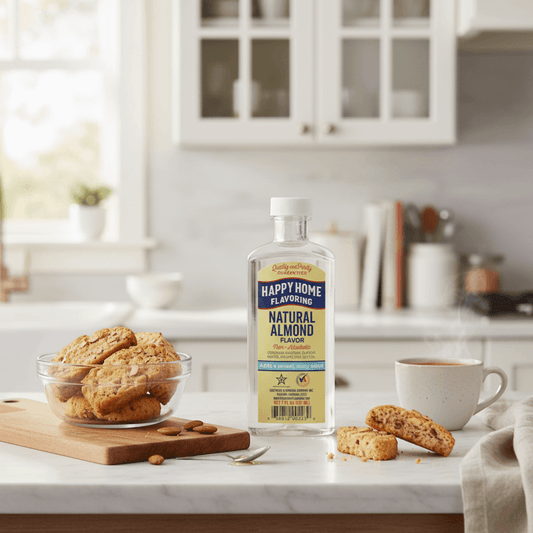 The Merry Hare Happy Home Natural Almond Flavoring, 7 oz bottle. Non-alcoholic, gluten-free flavoring for baking and desserts.