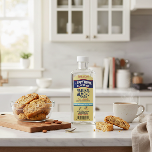 The Merry Hare Happy Home Natural Almond Flavoring, 7 oz bottle. Non-alcoholic, gluten-free flavoring for baking and desserts.