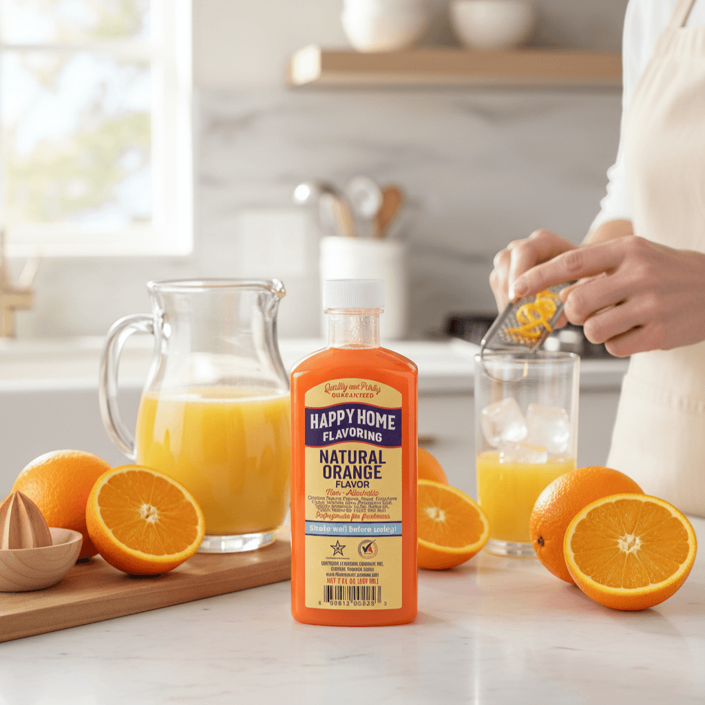 The Merry Hare Happy Home Natural Orange Flavoring, 7 oz bottle. Gluten-free, non-alcoholic liquid flavoring for baking and desserts.