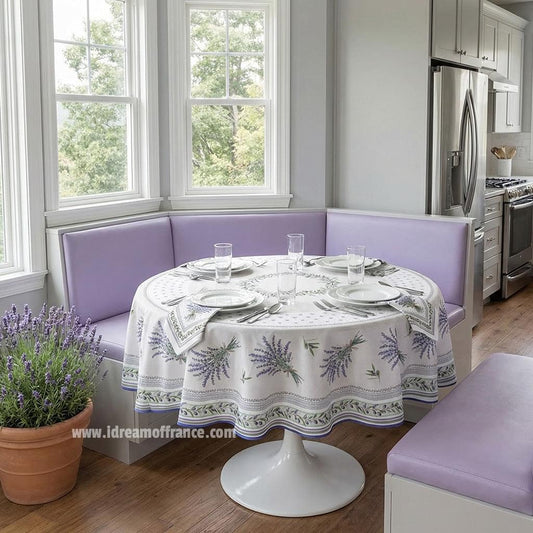 French Provencal tablecloth - Acrylic coated cotton, Spill-proof - 70" round - Lauris natural | Tissus Toselli
