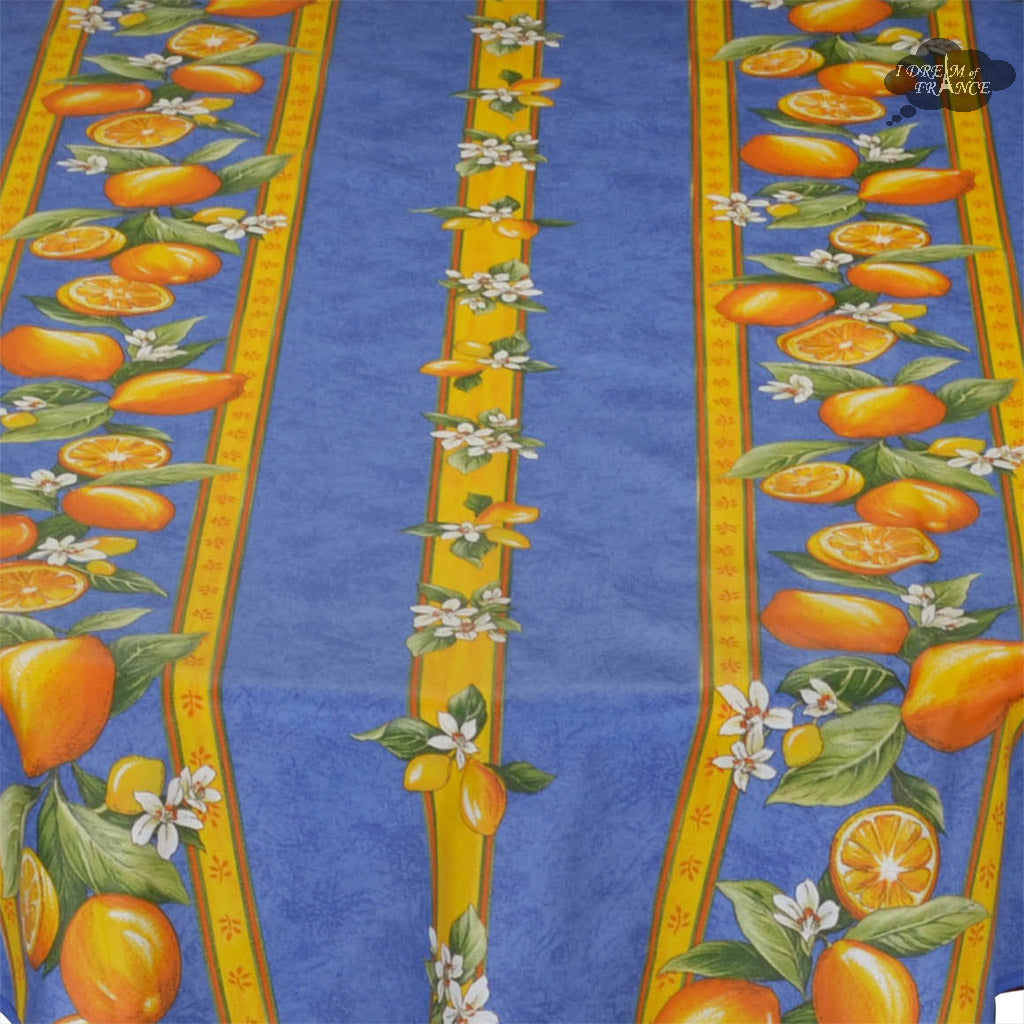 French Provencal tablecloth - Cotton, natural or acrylic-coated - 58" round - Lemon blue | Tissus Toselli