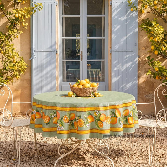 French Provencal tablecloth - Cotton, natural or acrylic-coated - 70" round - Lemon green | Tissus Toselli