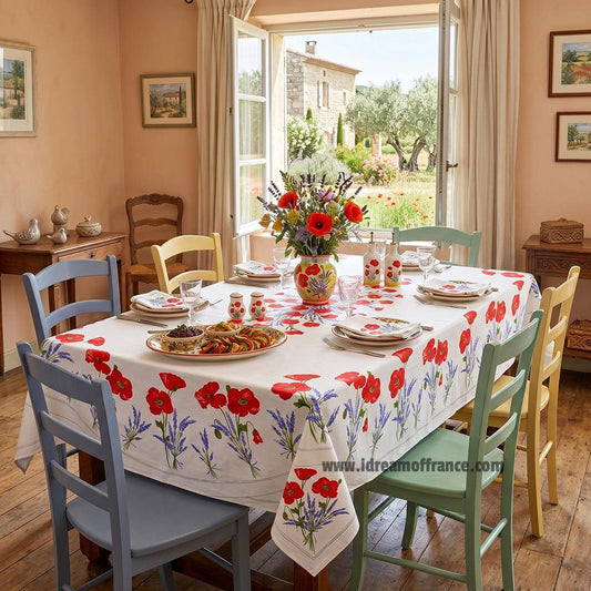 French Provencal tablecloth - Acrylic coated cotton, Spill-proof - 60x96" Rectangular - Poppies ivory | Tissus Toselli