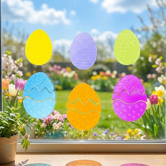 a window with colorful eggs on it