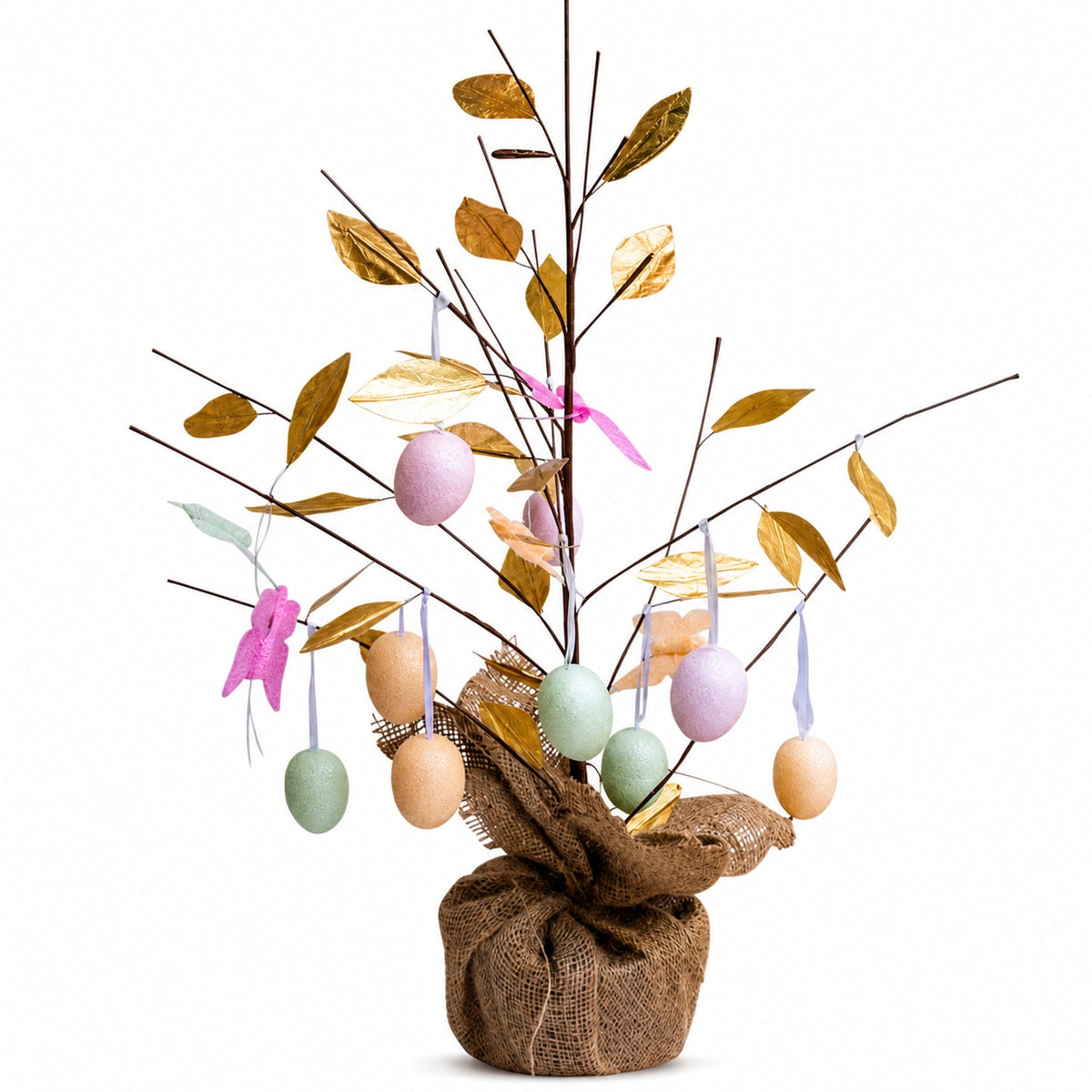 a tree with eggs and leaves